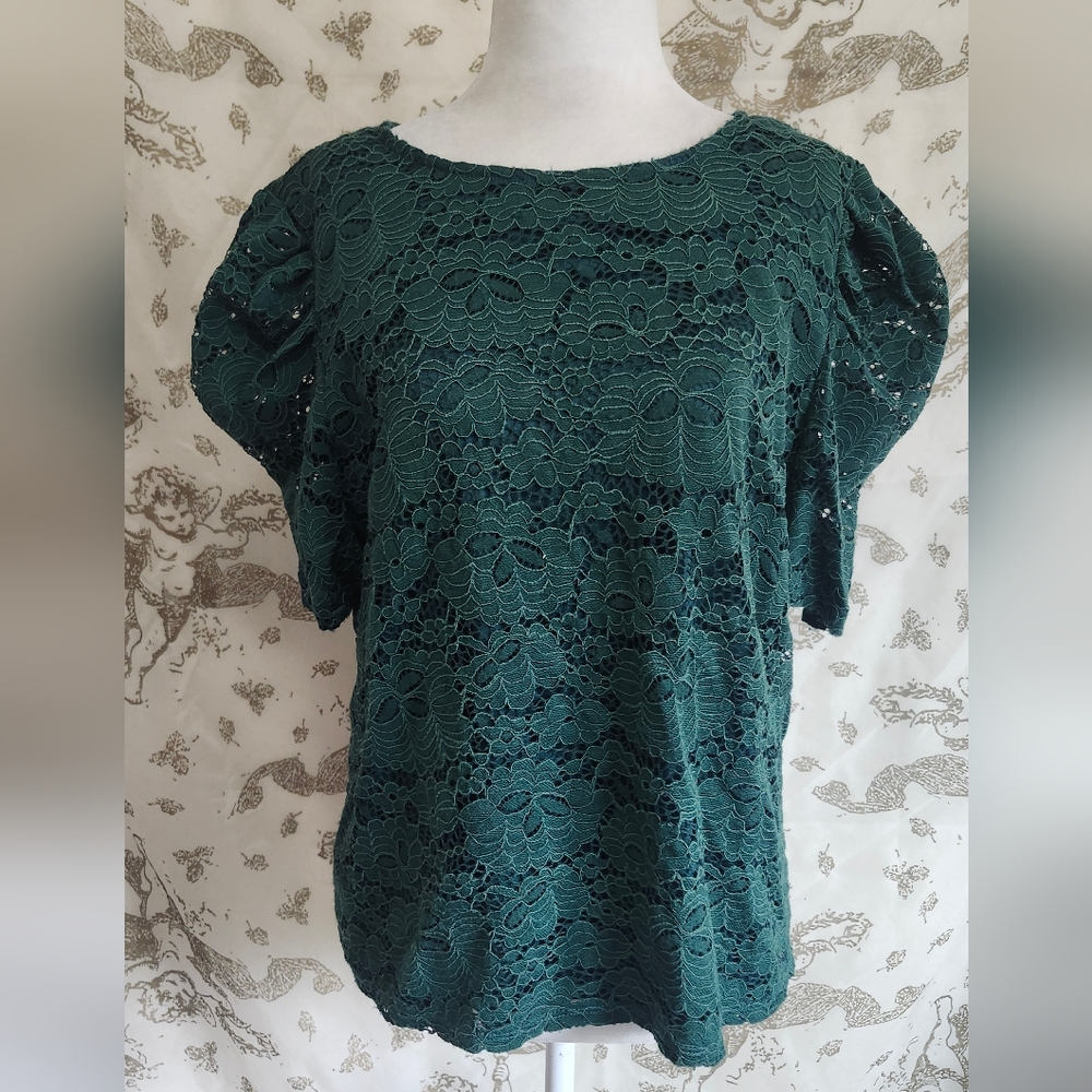 Adrianna Papell blouse dark green floral lace puff shoulder lined size XL
